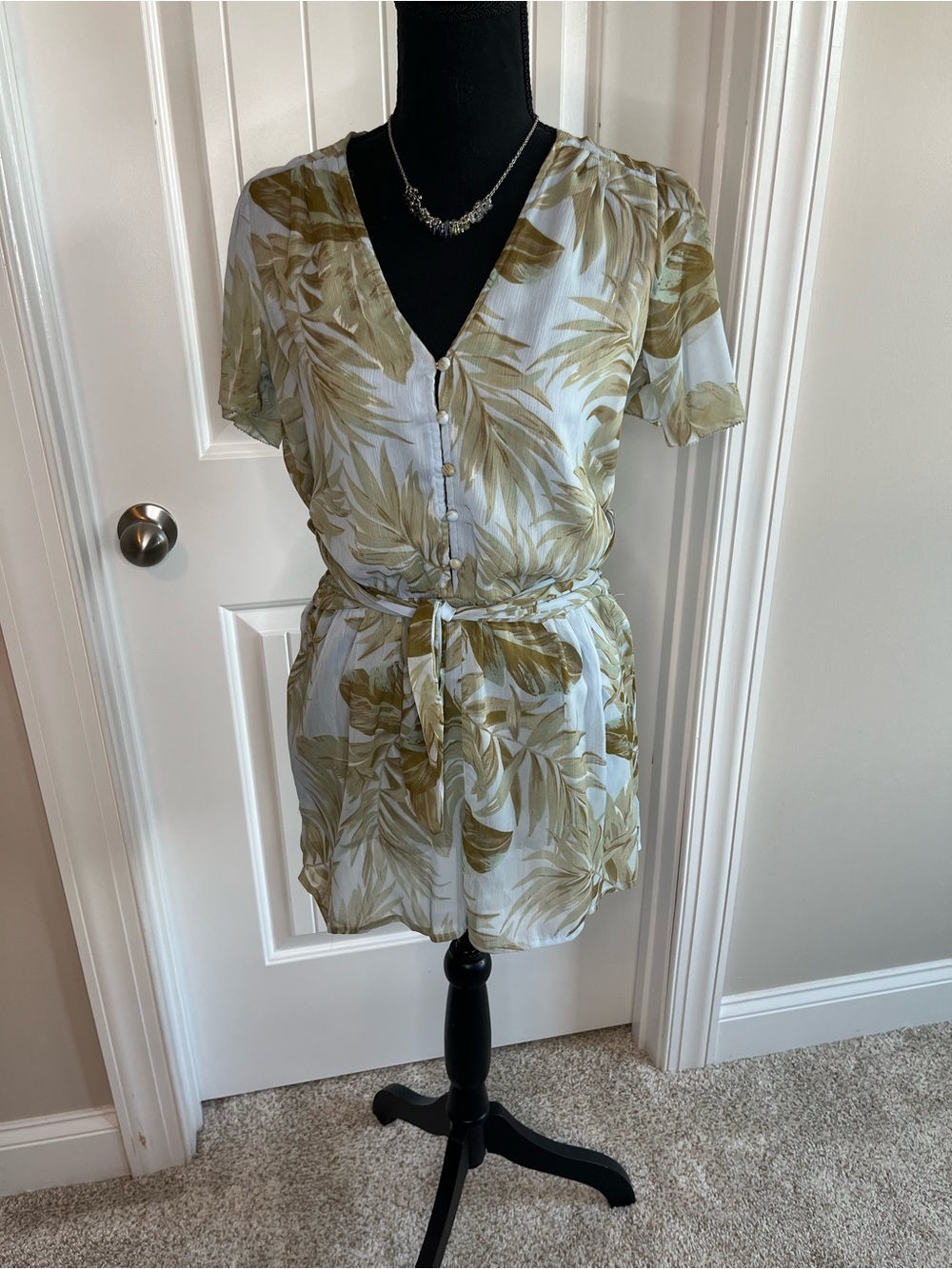 Amuse Society Light Blue Tie-Waist Romper Olive Green Tropical Print